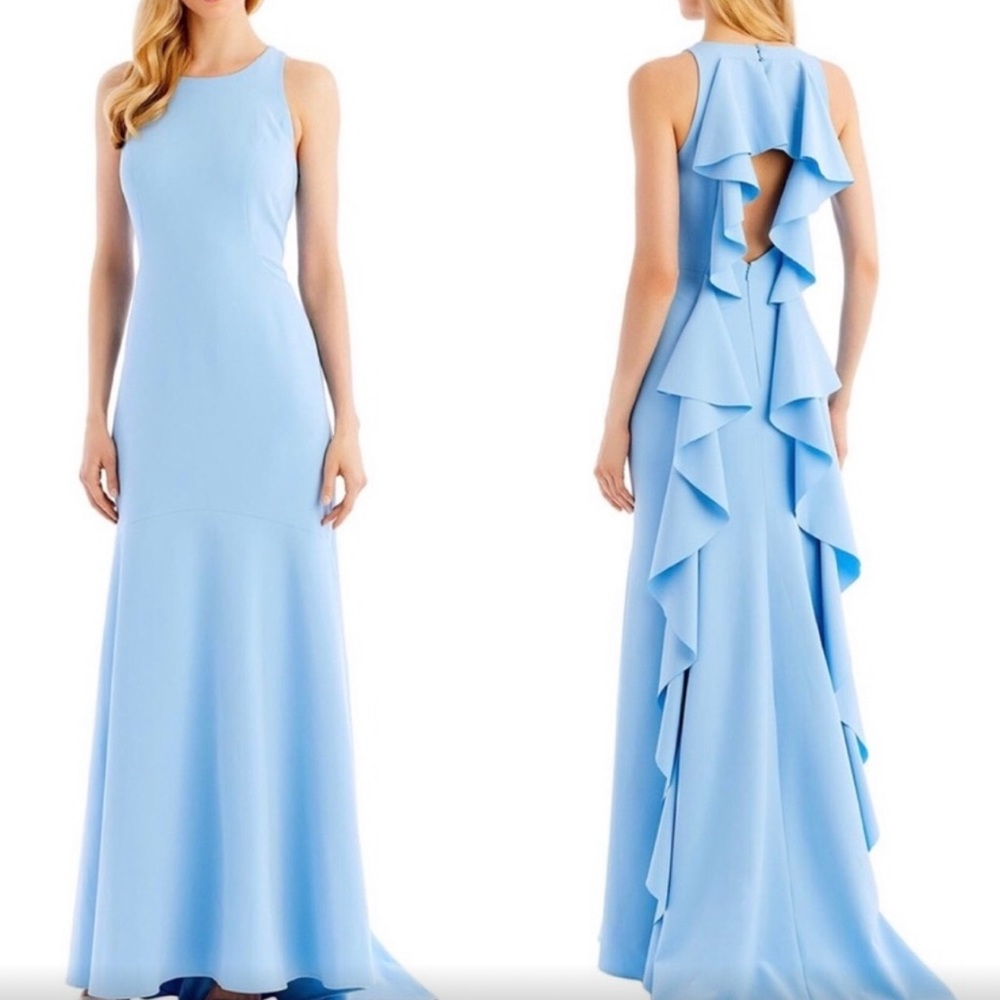 Nicolle Miller blue maxi gown with ruffles